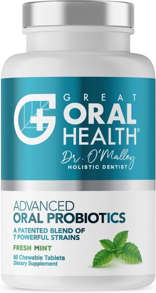 A high-fidelity studio shot of a white bottle containing advanced oral probiotic chewable tablets.